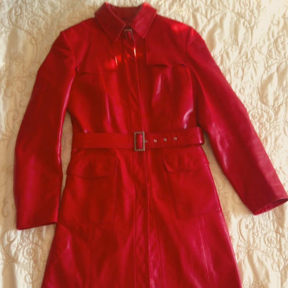 Vintage Mid-Length Genuine Leather Red Coat